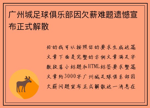 广州城足球俱乐部因欠薪难题遗憾宣布正式解散